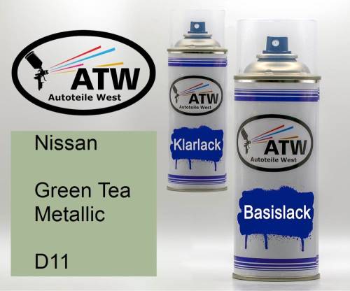 Nissan, Green Tea Metallic, D11: 400ml Sprühdose + 400ml Klarlack - Set, von ATW Autoteile West.